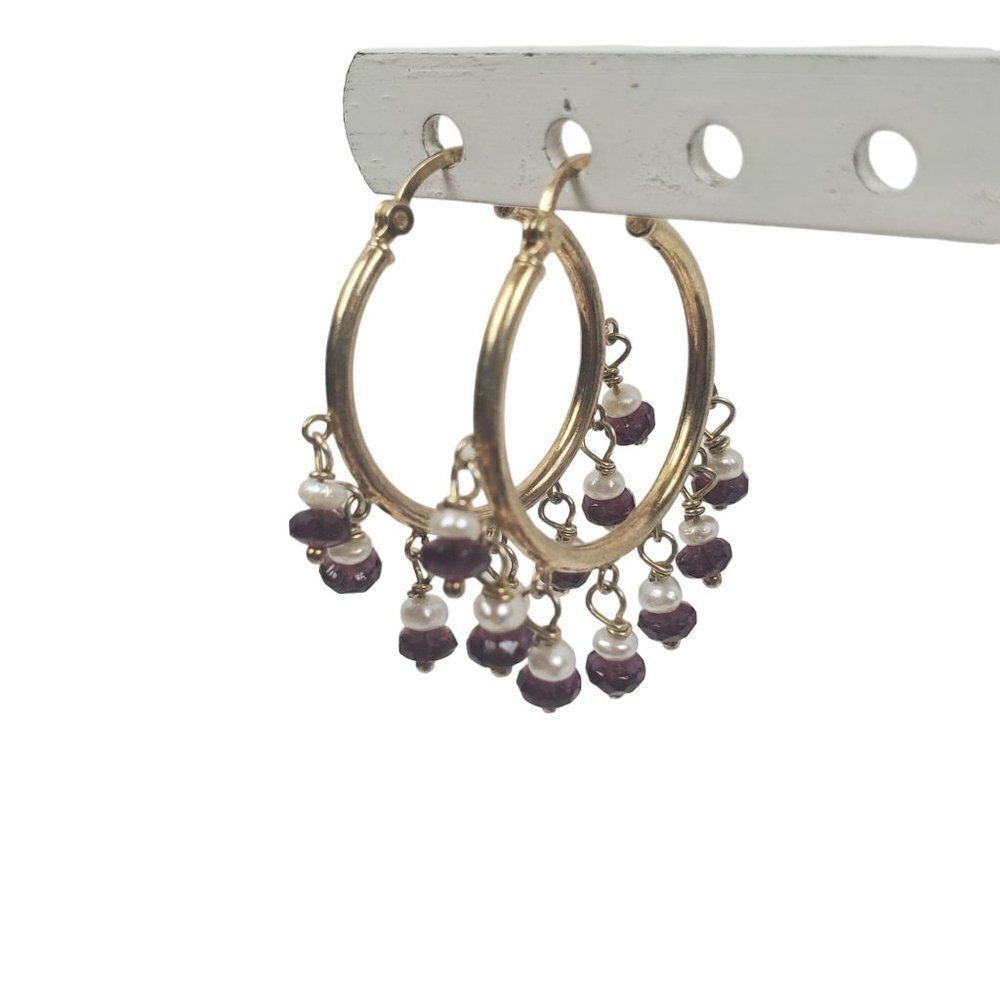 Sterling Silver 925 Gold Wash‎ Vermeil Hoop Pierced Earrings Glass Pearl Purple